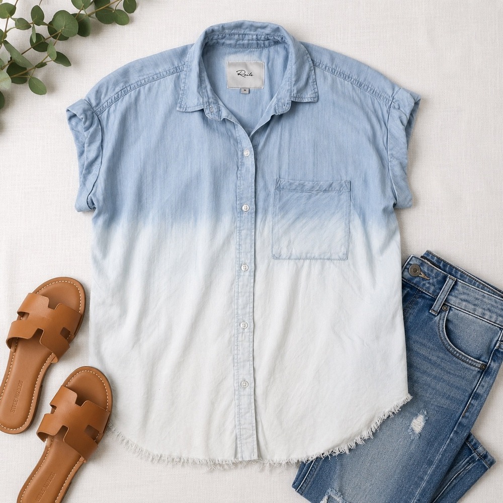 Rails Lex Light Vintage Dip Dye Ombre Tencel Short Sleeve Shirt XS‎